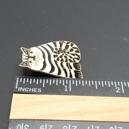 Laurel Burch "Shambala" Cat Brooch Pendant, Black White Enamel, Gold Plated, 1980s Vintage Jewelry