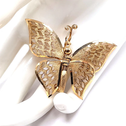 Vintage Gold Butterfly Brooch, Articulated Wings, Filigree Mid-Century Jewelry