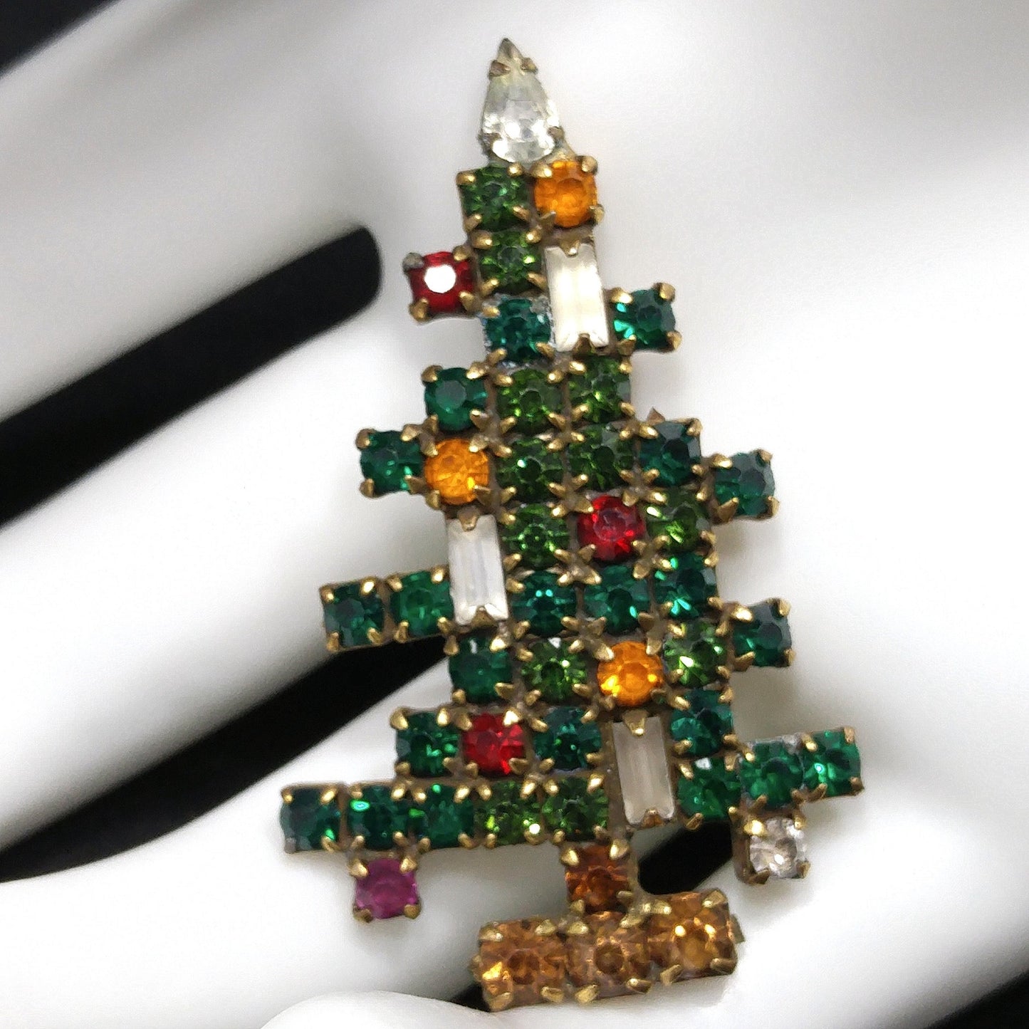 Weiss Christmas Tree Brooch, Three Baguette Candles, Book Piece, 1950s Vintage Jewelry