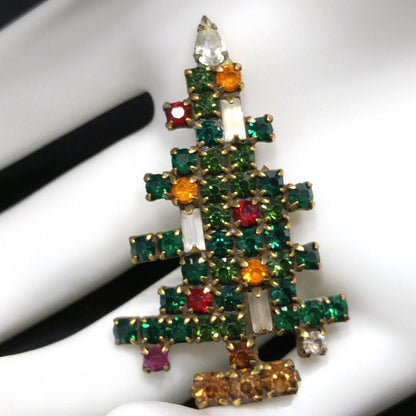 Weiss Christmas Tree Brooch, Three Baguette Candles, Book Piece, 1950s Vintage Jewelry