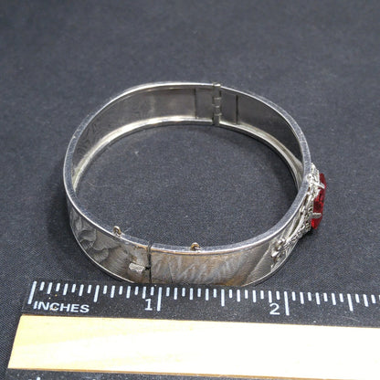 Emerald Cut Red Rhinestone Hinged Bracelet, Silver Tone, 1970s Vintage Jewelry