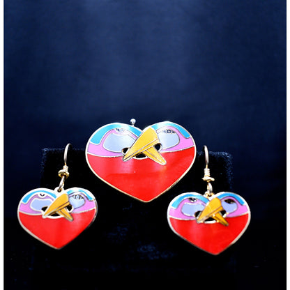 Laurel Burch "Bird Heart" Red Brooch & Earrings, Gold Plated Cloisonne Enamel, 1980s Vintage Jewelry