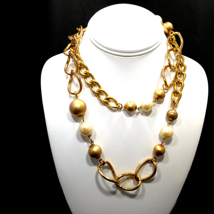 Miriam Haskell Long Faux Pearl Necklace, 36 Inches, Gold Plated, 1940s Vintage Jewelry