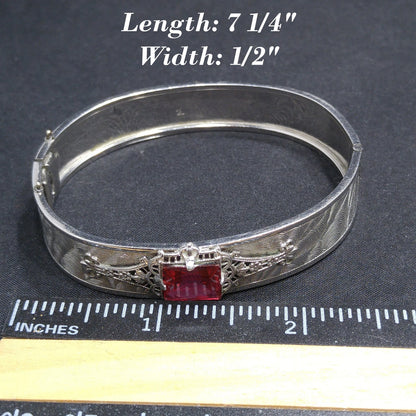 Emerald Cut Red Rhinestone Hinged Bracelet, Silver Tone, 1970s Vintage Jewelry