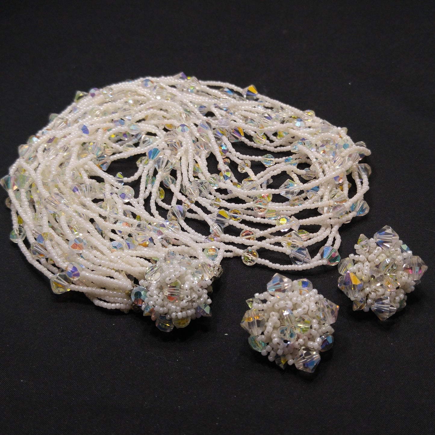 Vendome Seed Bead Aurora Borealis Crystal Necklace Earrings Set, Beaded Claps, 14 Strands, 1960s Vintage Jewelry