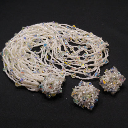 Vendome 1960s AB Crystal White Seed Bead Necklace Earrings Set Vintage