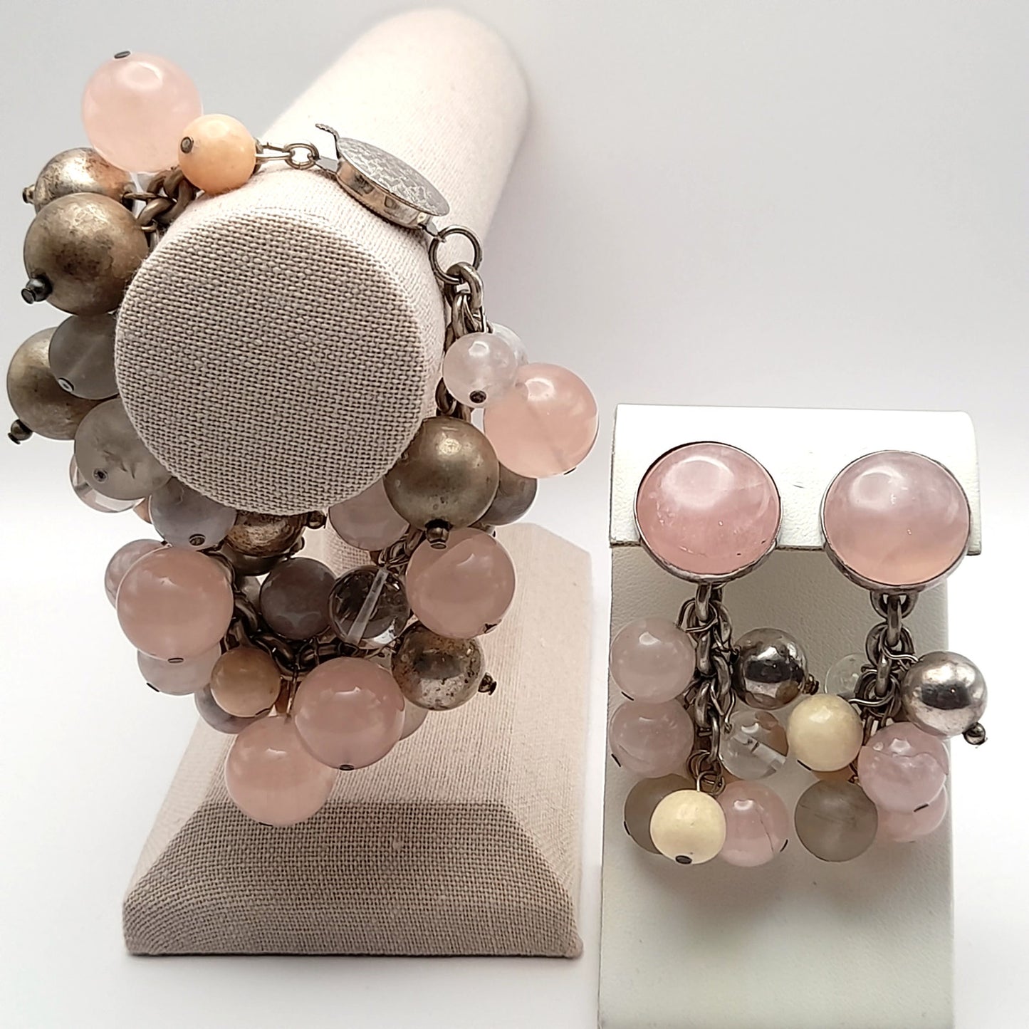 Susan Cummings Beaded Clip Earrings & Bracelet, Sterling Silver, Gemstone Beads