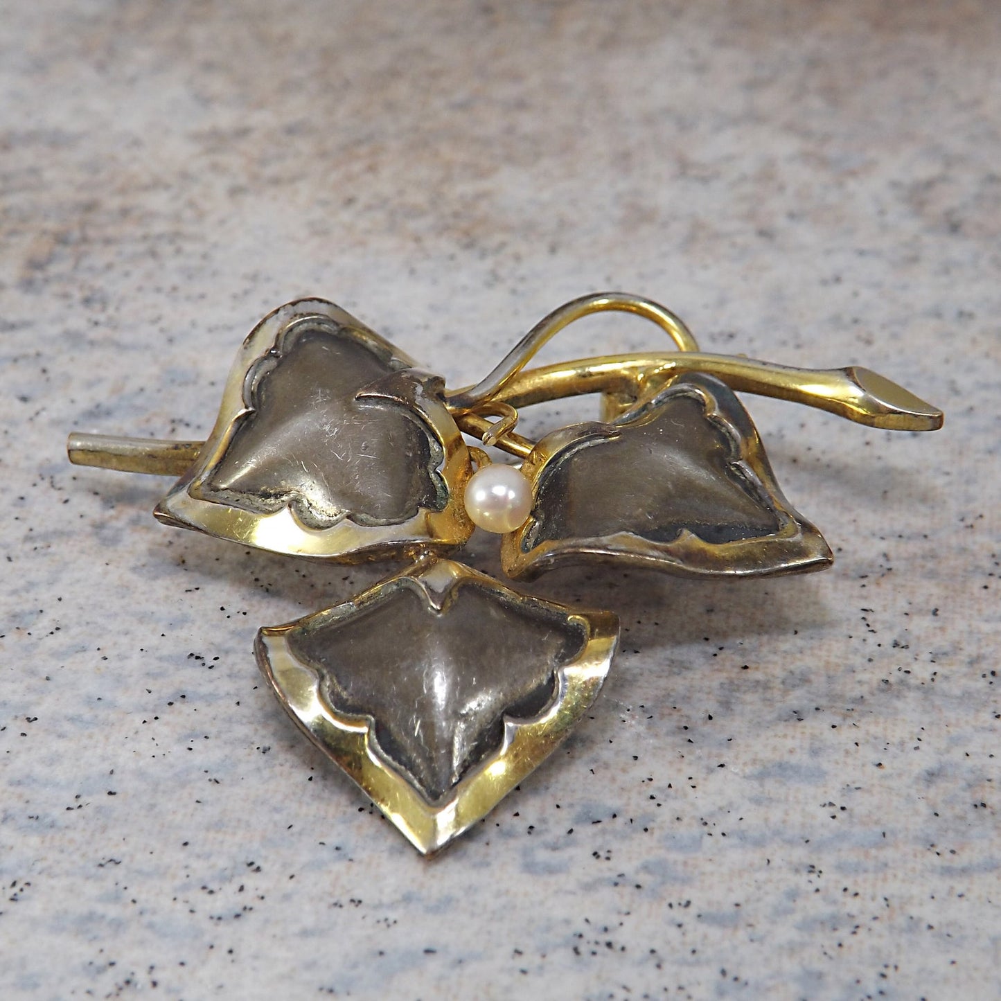 Vintage CREED Sterling Silver Floral Brooch with 12K GF & Pearl, Mid-Century