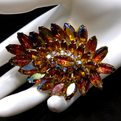 Topaz Rhinestone Lava Glass Brooch, Gold Plated, 1960s Vintage Jewelry