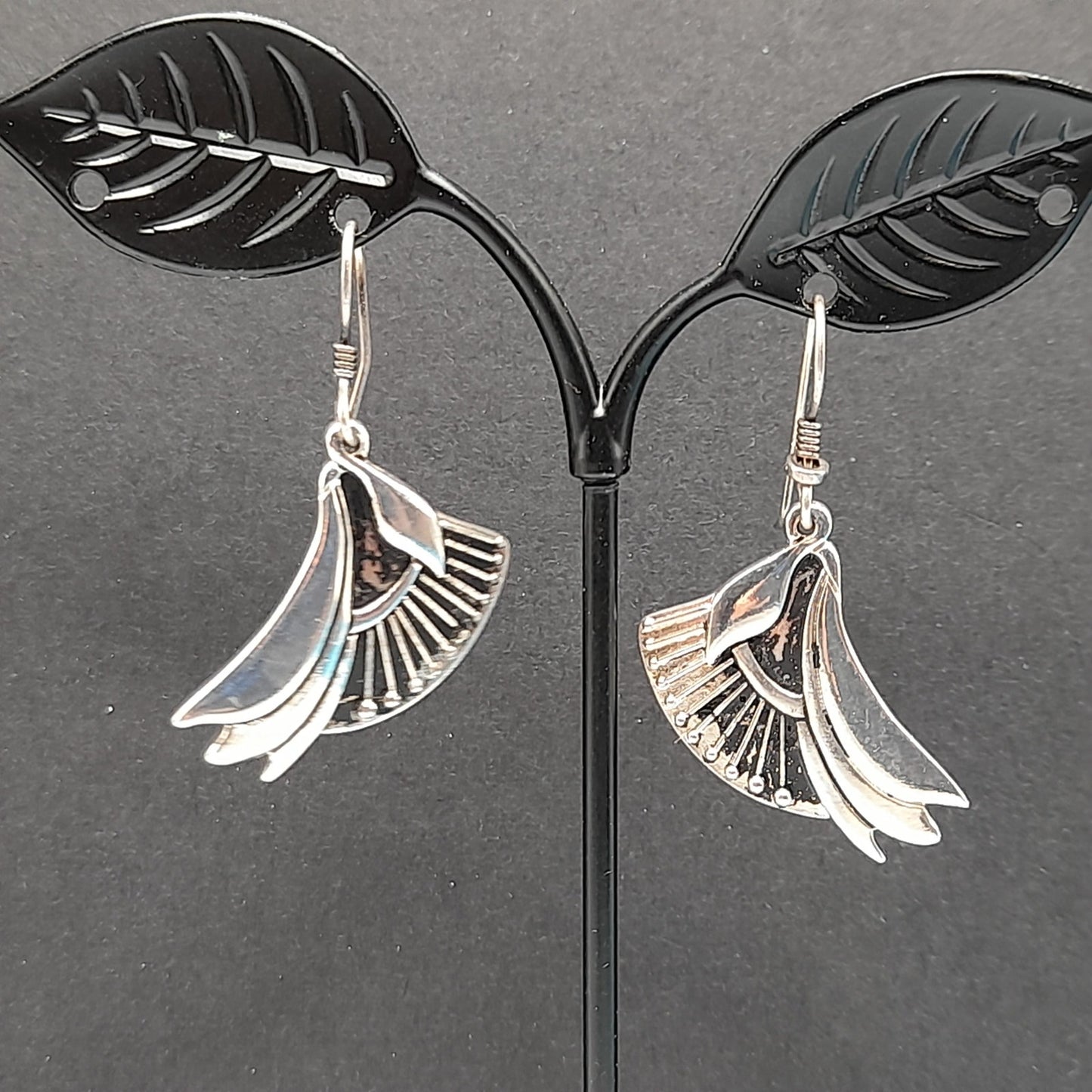 Vintage Laurel Burch Floral Drop Earrings, Rhodium Plated Flowers