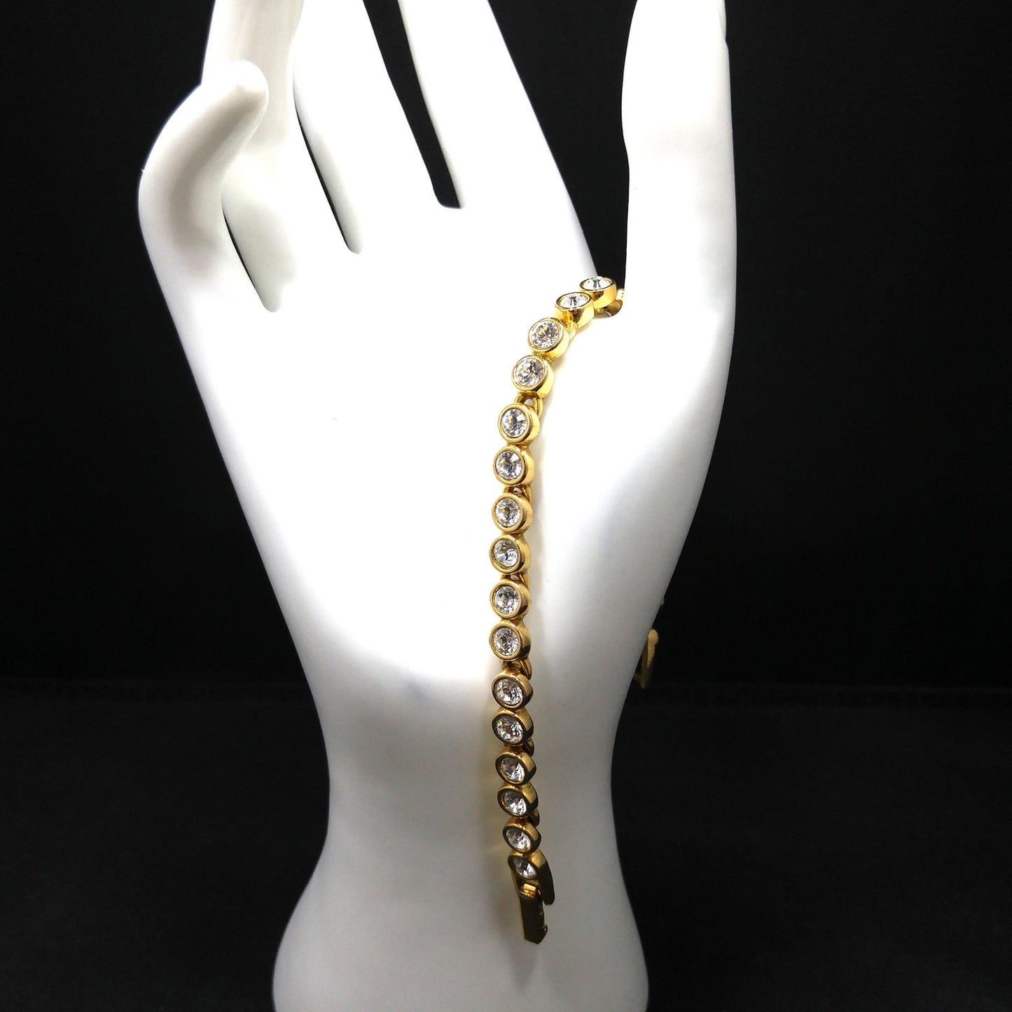 Vintage Swarovski Bracelet – Clear Rhinestone Bezel Set – Gold Plated Link