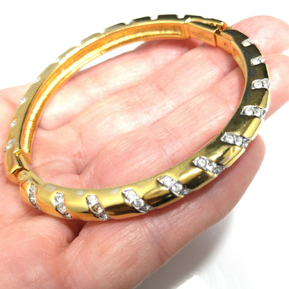 Swarovski Swan Logo Bracelet, Gold Plated Hinged Bangle, Clear Pave Rhinestones, 1980s Vintage Jewelry