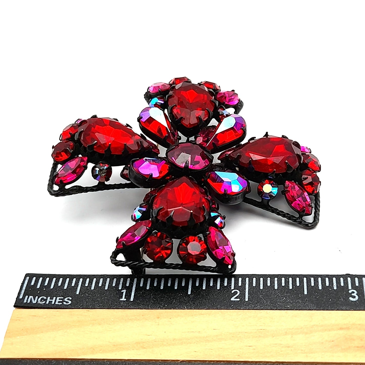Signed Regency Red Pink Japanned Rhinestone Maltese Cross Brooch