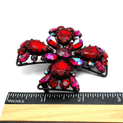 Signed Regency Red Pink Japanned Rhinestone Maltese Cross Brooch