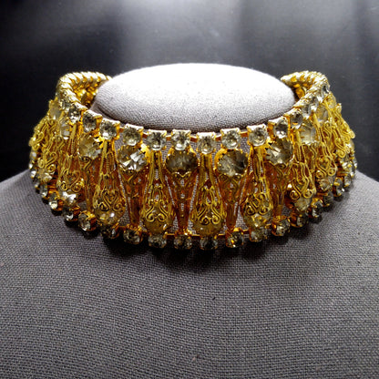 Vintage Gray Rhinestone Gold Filigree Cone Choker Necklace 1950s