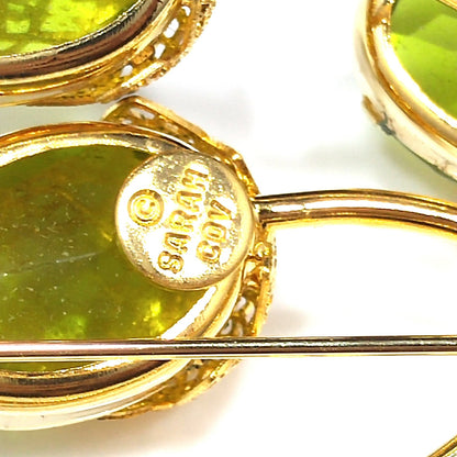 Sarah Coventry Touch of Elegance Green Crystal Brooch Gold Tone 1970s