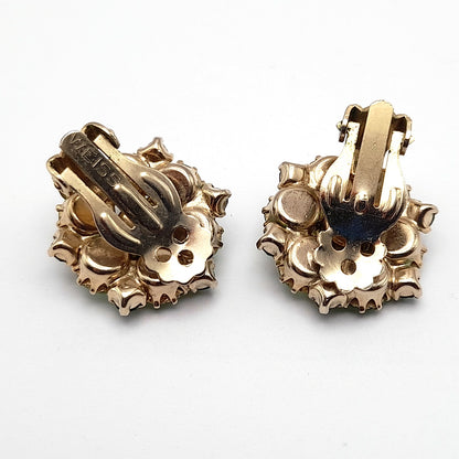 Vintage Weiss Green Rhinestones Floral Clip Earrings, 1960s