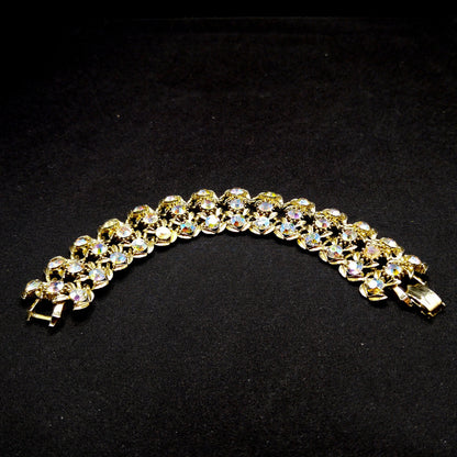 Vintage Aurora Borealis Rhinestone Wide Bracelet, Gold Plated, 1960s