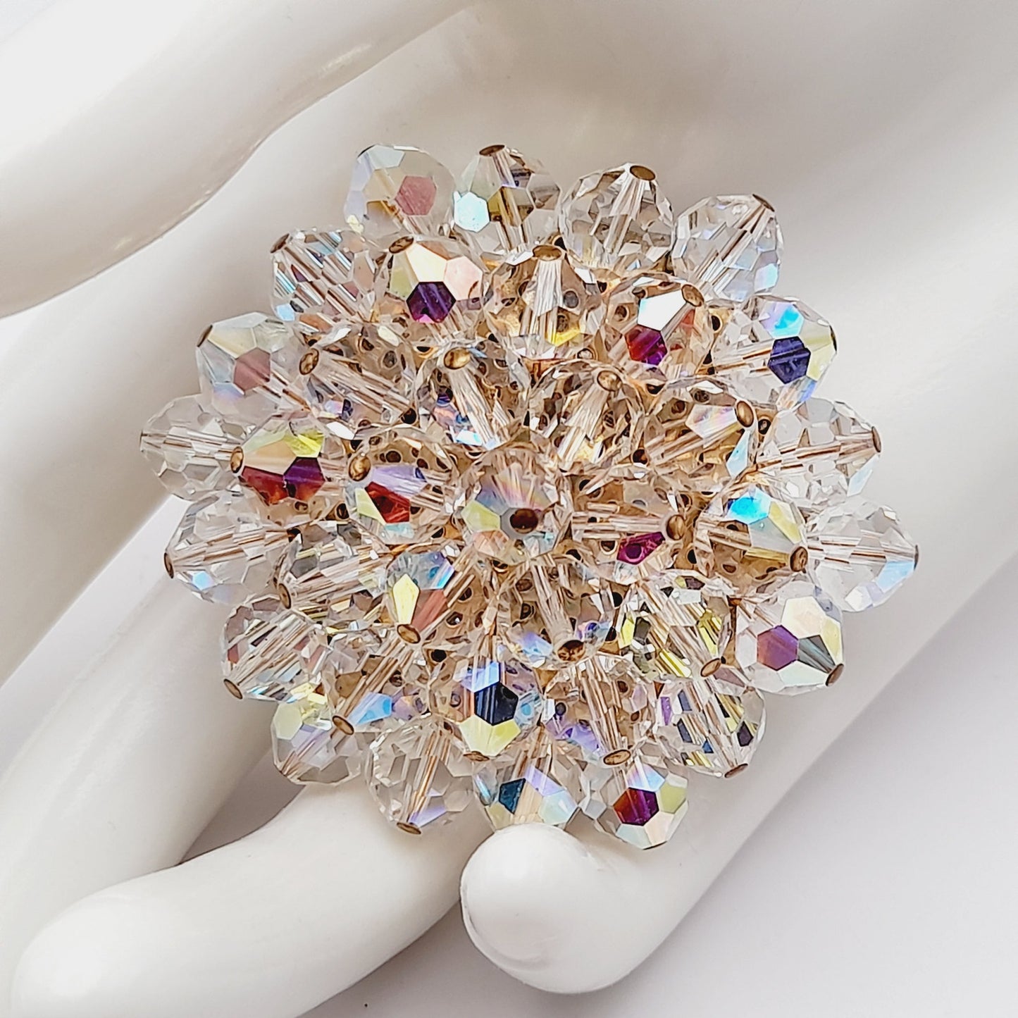 Vintage Crystal Aurora Borealis Clear Beaded 1960s Brooch