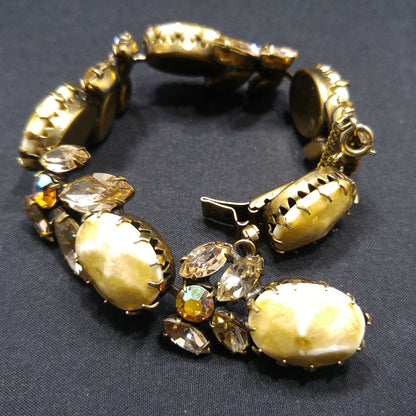 Regency Baroque Pearl Necklace Bracelet Set, Light Topaz AB Rhinestones, 1950s Vintage Jewelry