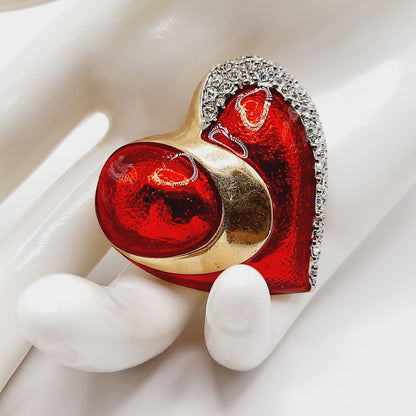 Vintage Red Enamel CZ Heart Brooch Christmas Pin 1.5 Inch European Style