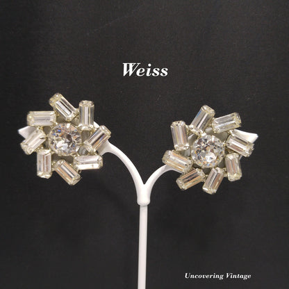 Vintage 1950s Weiss Clear Rhinestone Clip Earrings Baguette Floral Wedding