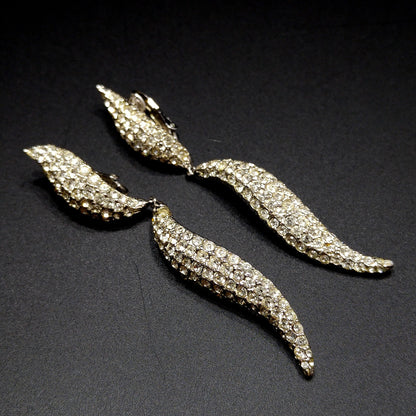 Vintage CINER Modernist Pave Clear Rhinestone Dangle Clip on Earrings, Rhodium Plated
