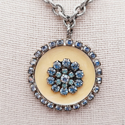 Vintage Liz Palacios Pendant Necklace – Blue Rhinestones on Cream Enamel – Gold Tone