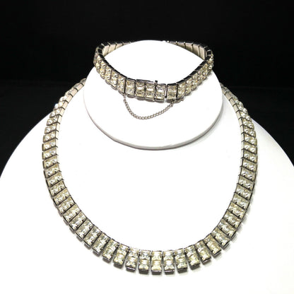 Art Deco Clear Rhinestone Choker Necklace Bracelet Set, Wedding Bridal, 1950s Vintage Jewelry