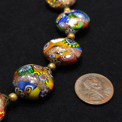 Italian Millefiori Venetian Glass Necklace & Earrings, Aventurine Glitter Beads