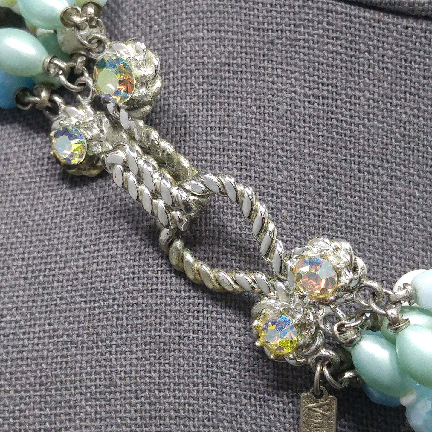 Vintage Vendome Six-Strand Blue White Glass Bead Necklace AB Crystals 1960s