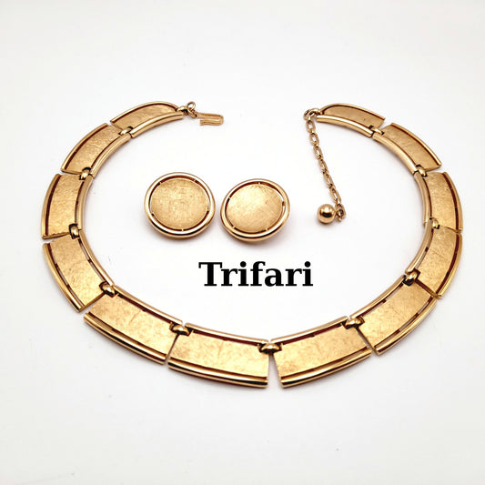 Vintage Trifari Satin Finish Gold Plated Choker Clip Earrings Set