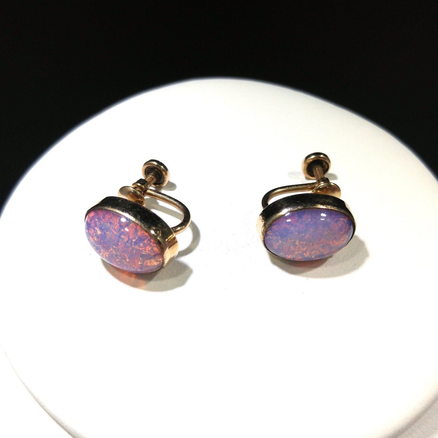 Van Dell Faux Opal Necklace Screw Back Earrings Set, 12K Gold Filled, 1950s Vintage Jewelry