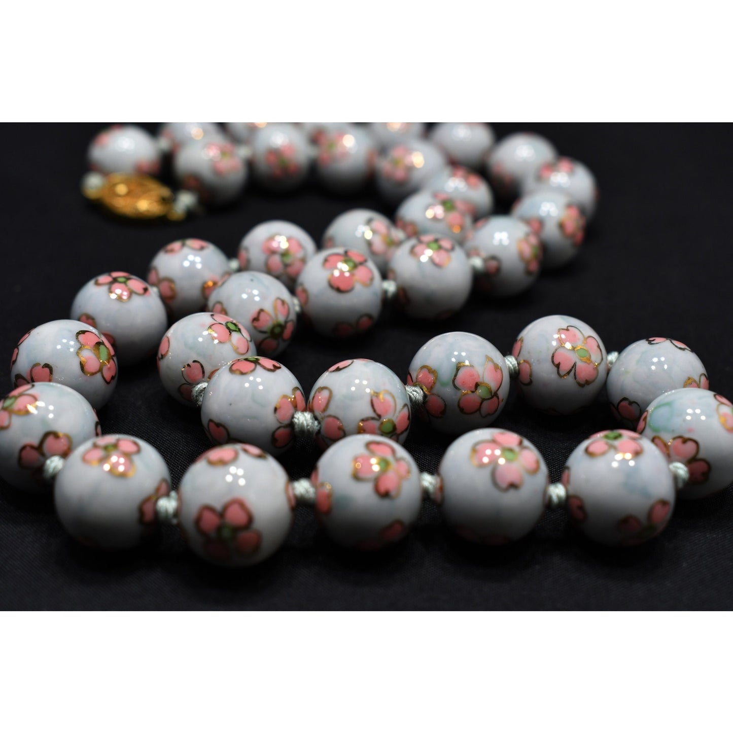 Vintage Chinese Hand Knotted Beaded Necklace, Hand Painted Pink Flowers