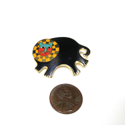 Laurel Burch "Bartholomew" Brooch, Gold Plated Cloisonné, Black Gold Enamel, 1980s Vintage Jewelry