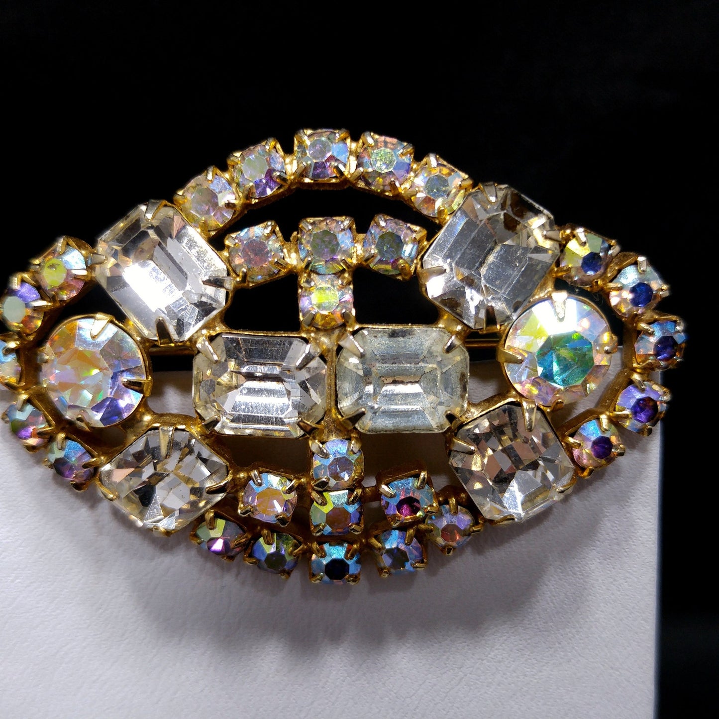 Clear Aurora Borealis Brooch, Gold Plated, 1960s Vintage Jewelry