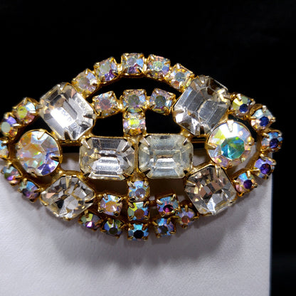Clear Aurora Borealis Brooch, Gold Plated, 1960s Vintage Jewelry