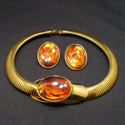 Topaz Lucite Omega Necklace Post Earrings, Faux Tortoise, 1980s Vintage Jewelry