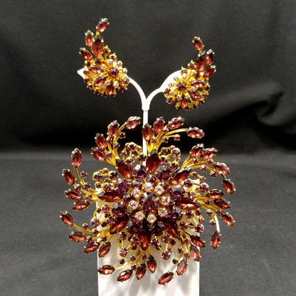 Mid-century Large Purple Rhinestone Brooch & Earrings, Floral Design, 1950s Vintage Jewelry