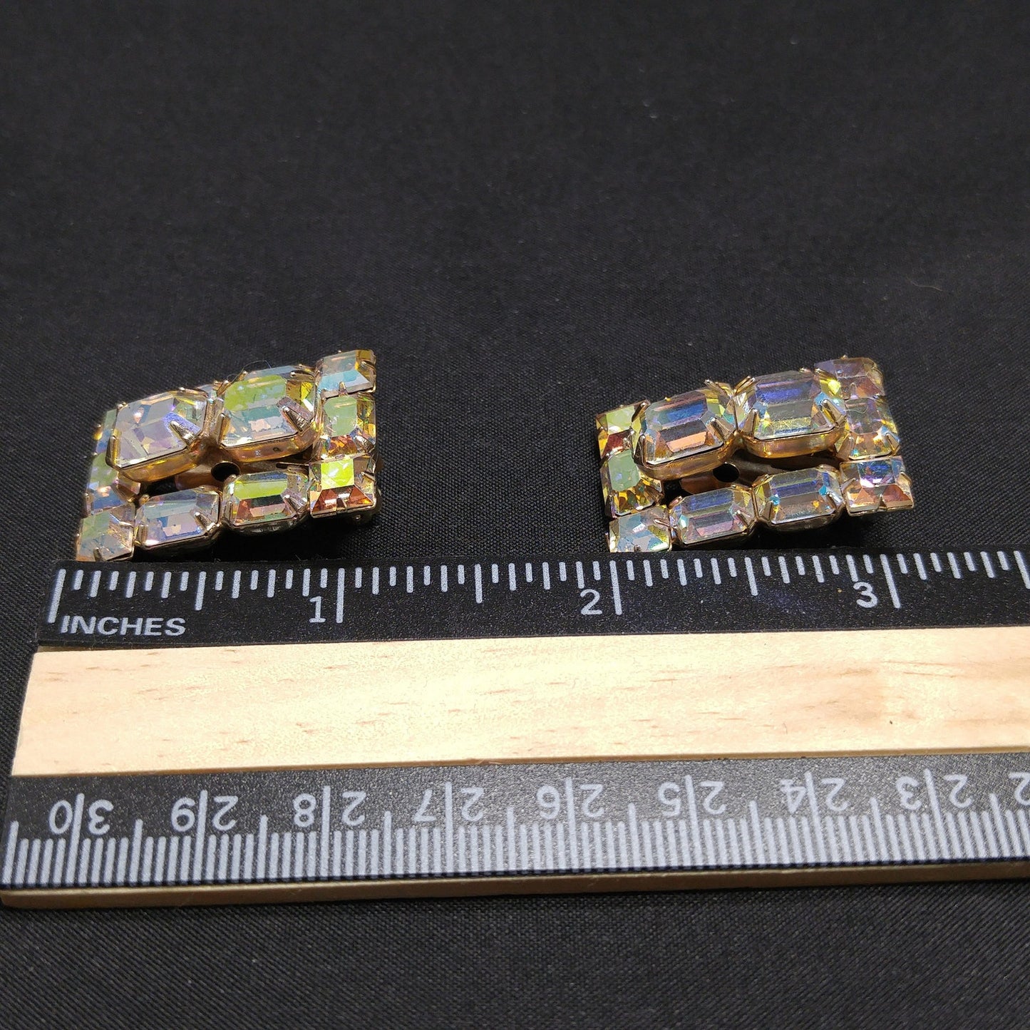 Weiss Aurora Borealis Emerald Cut Earrings, Gold Plating, 1960s Vintage Jewelry