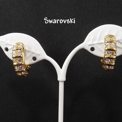 Swarovski Clear Rhinestone Half Hoop Clip On Earrings, Gold Tone, 1990s Vintage
