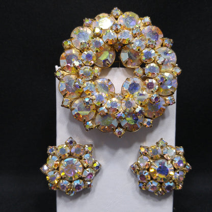 Vintage Unsigned Juliana or Weiss Brooch Earrings Set, Gold Plated, 1960