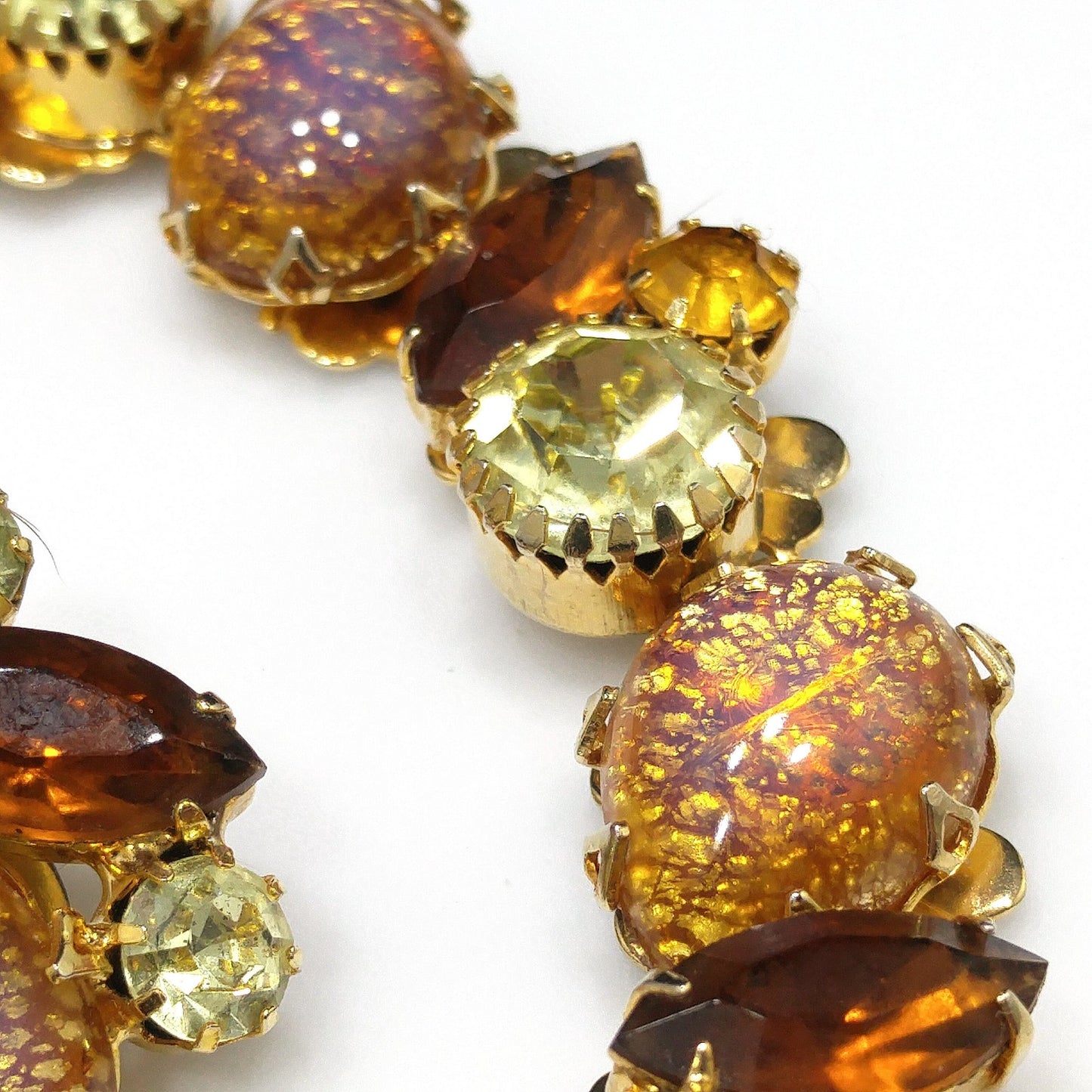 Gold Foil Faux Opal Rhinestone Bracelet & Earrings, Light Topaz Jonquil Rhinestones, 1960s Vintage Jewelry