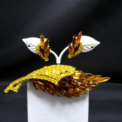 Yellow Topaz Rhinestones Brooch & Earrings, Gold Plated, 1960s Vintage Jewelry