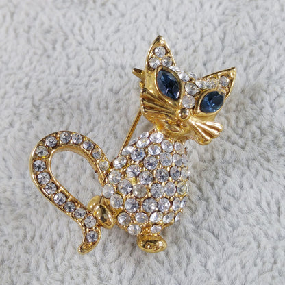 Rhinestone Cat Blue Eyes Brooch, Gold Plated, 1960s Vintage Jewelry