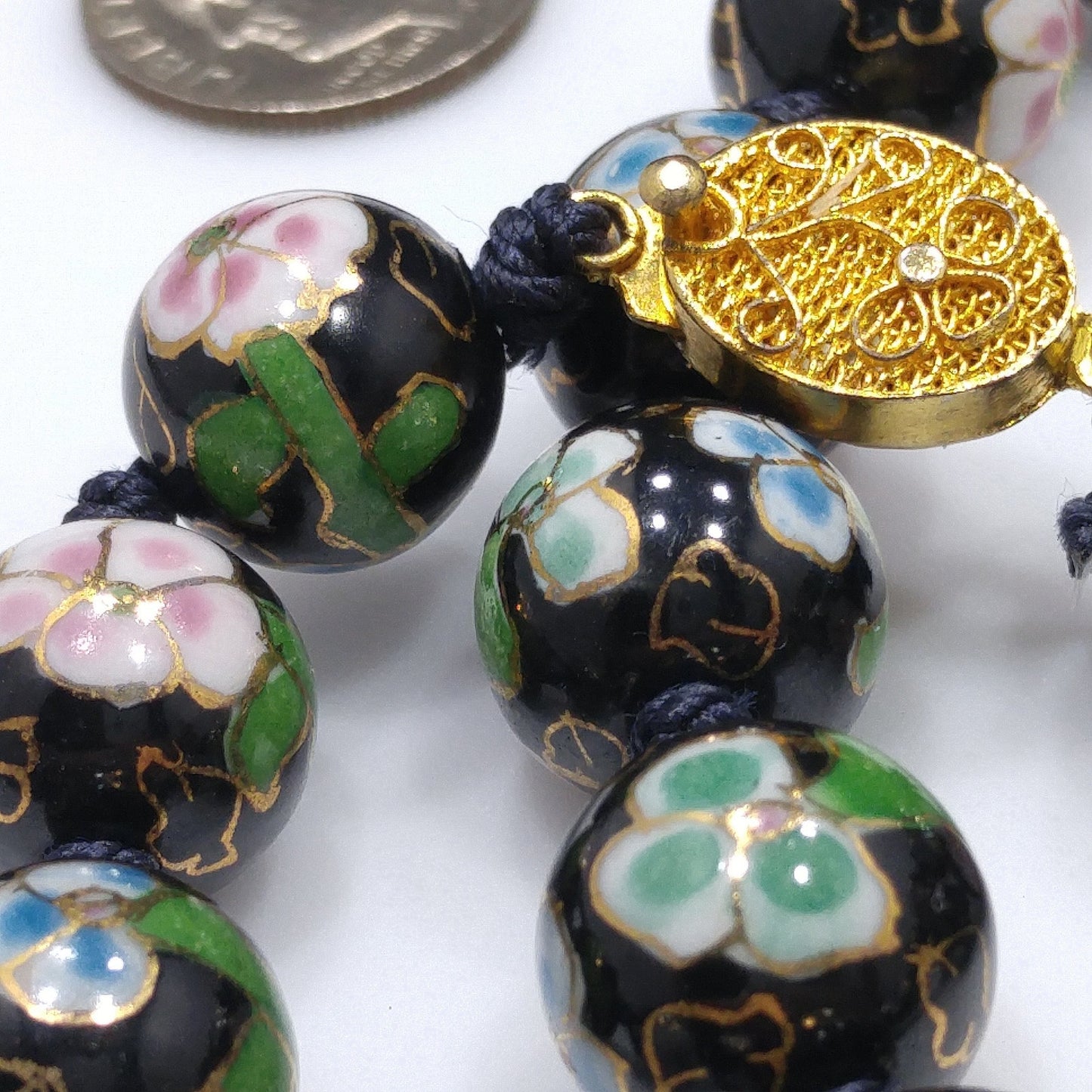 Vintage Black Cloisonné Floral Beaded Necklace, Pink Green Flowers, 1960s Vintage Jewelry