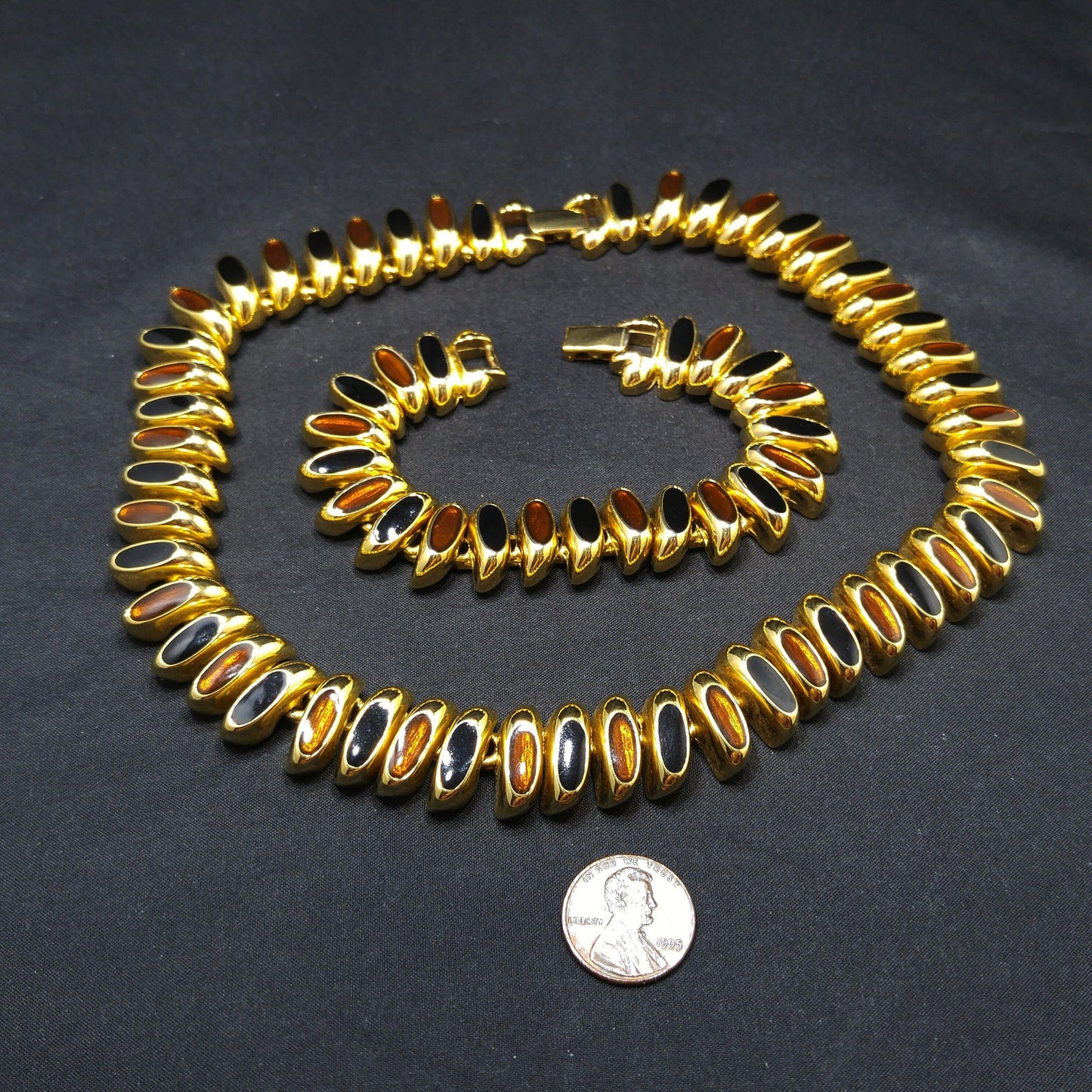 Erwin Pearl Enamel Necklace & Bracelet, Brown Black Enamel, Gold Plate, 1980s Vintage Jewelry