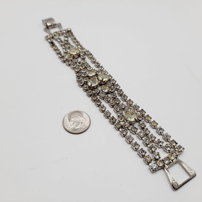 Vintage 1950s Clear Rhinestone Four Row Bracelet - 7 1/4 Inches - Wedding Jewelry