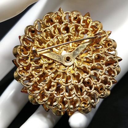 Red & Pink Domed Rhinestone Brooch, Gold Plated Filigree Backing, 1950s Vintage Jewelry