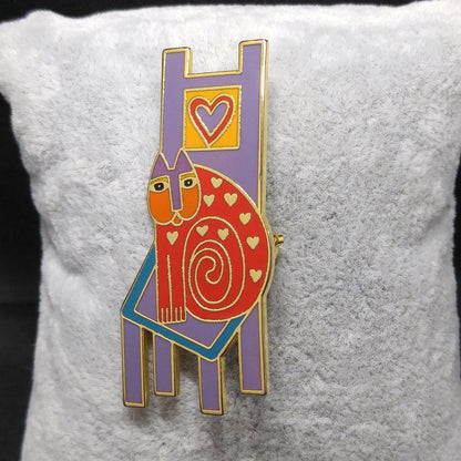 Laurel Burch "Cat On Chair" Brooch, Gold Plated, 1980s Vintage Jewelry
